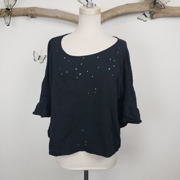 Zenobio holey distressed crop tee ruffle sleeve - Picture 1 of 6